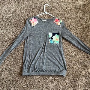 12 pm by Mon Ami, small, gray long sleeve shirt with floral accents
